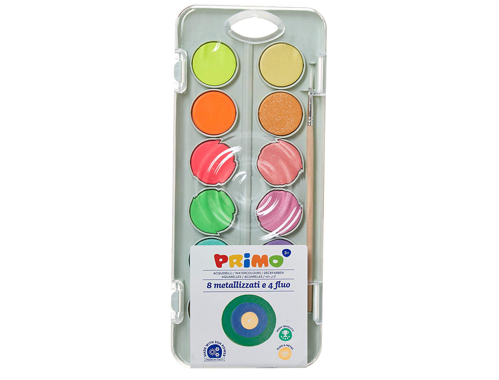 ACUARELA PRIMO 8 COLORES METAL + 4 COLORES NEON CON PINCEL Y PALETA DE MEZCLA ESTUCHE DE PLASTICO