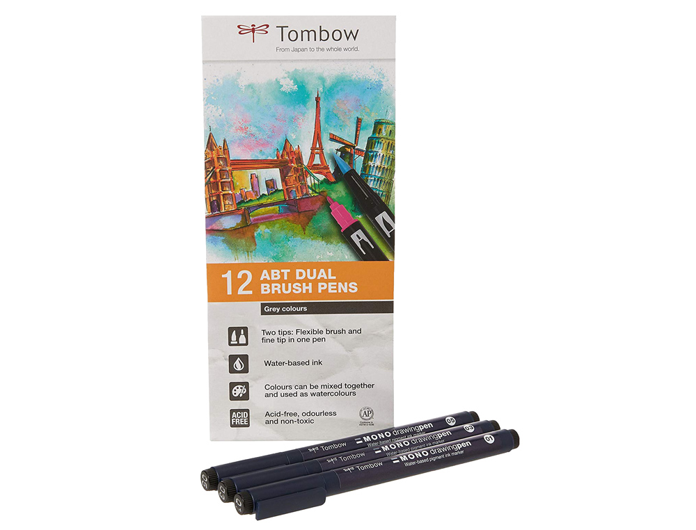 ROTULADOR TOMBOW ABT DUAL BRUSH ACUARELABLE DOBLE PUNTA FINA/PINCEL ESTUCHE DE 12 UNIDADES COLORES PRIMARIOS