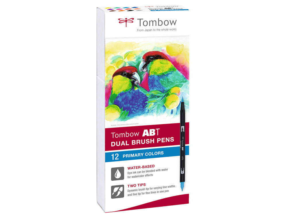 ROTULADOR TOMBOW ABT DUAL BRUSH ACUARELABLE DOBLE PUNTA FINA/PINCEL ESTUCHE DE 12 UNIDADES COLORES PRIMARIOS