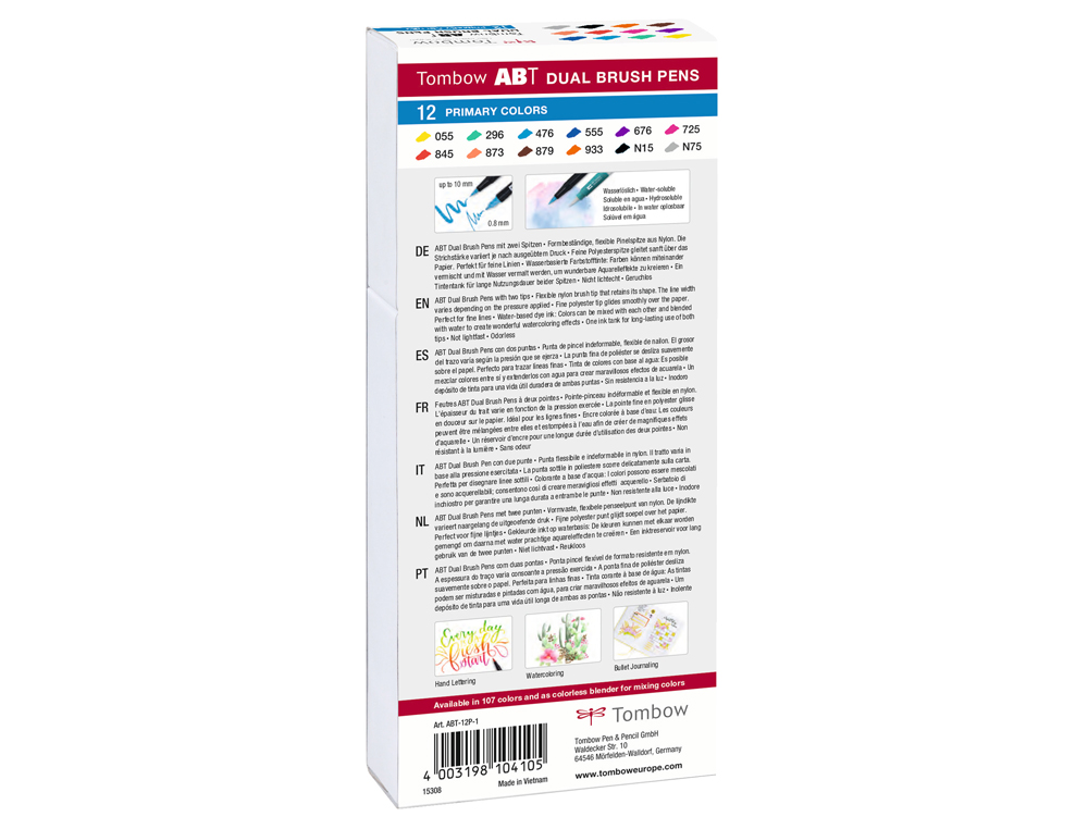 ROTULADOR TOMBOW ABT DUAL BRUSH ACUARELABLE DOBLE PUNTA FINA/PINCEL ESTUCHE DE 12 UNIDADES COLORES PRIMARIOS