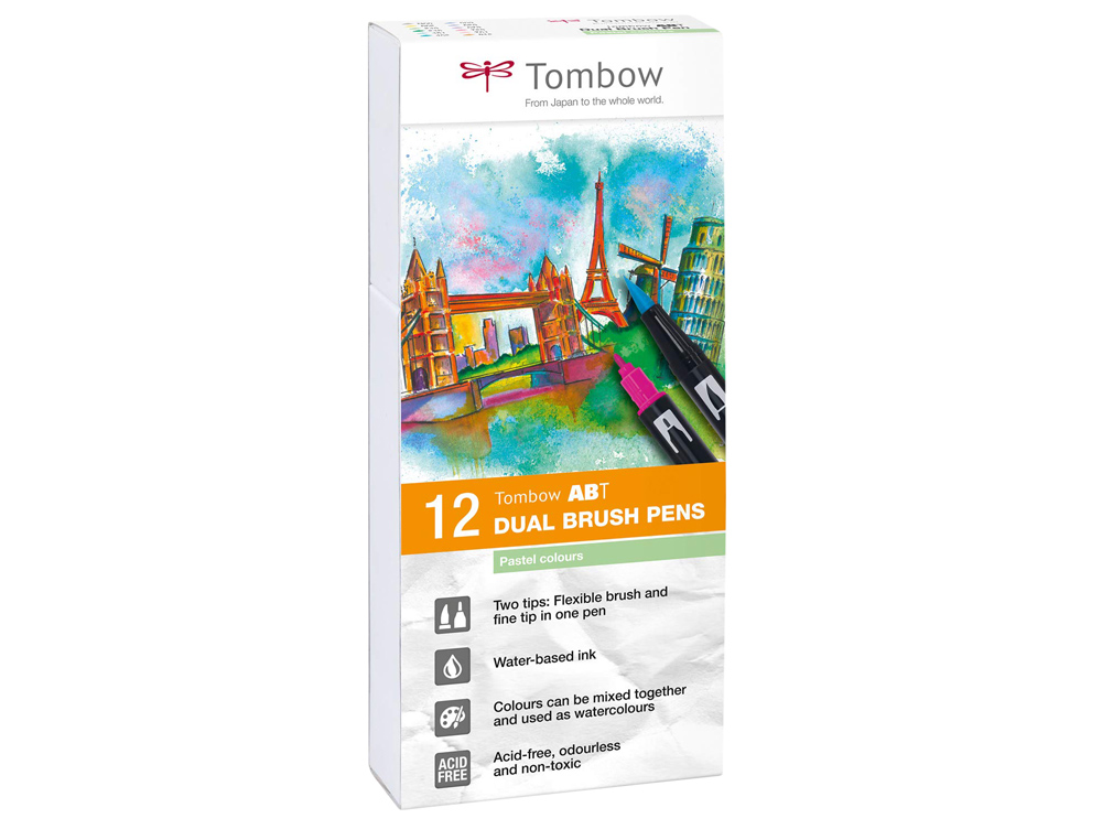 ROTULADOR TOMBOW ABT DUAL BRUSH ACUARELABLE DOBLE PUNTA FINA/PINCEL ESTUCHE DE 12 UNIDADES COLORES PASTEL