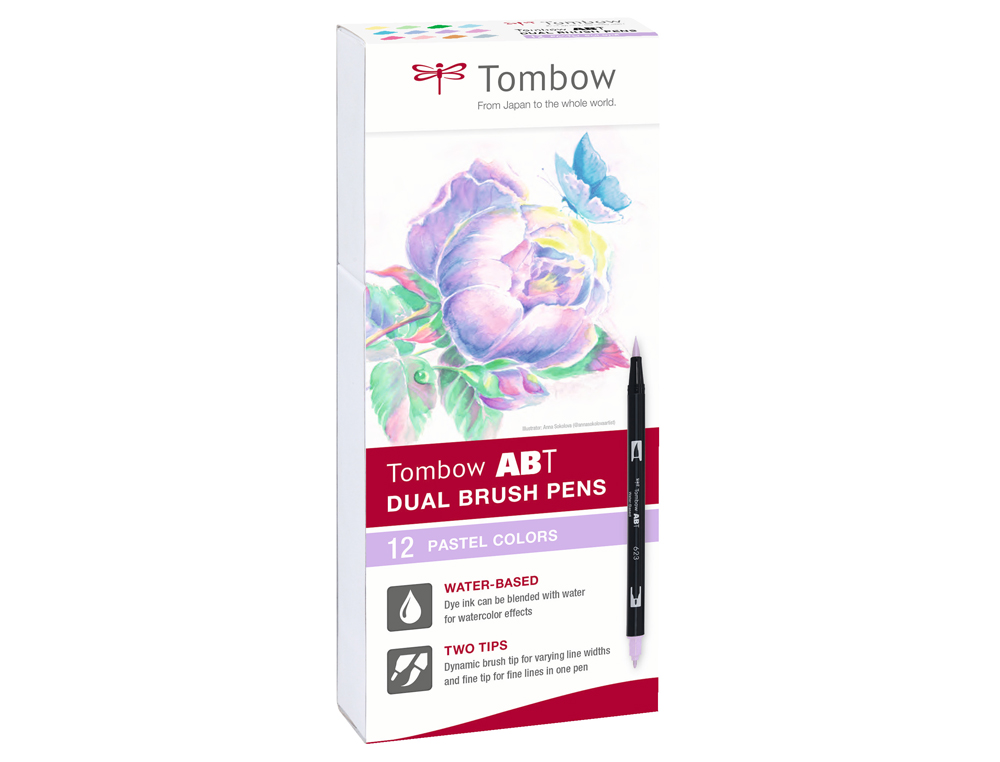 ROTULADOR TOMBOW ABT DUAL BRUSH ACUARELABLE DOBLE PUNTA FINA/PINCEL ESTUCHE DE 12 UNIDADES COLORES PASTEL