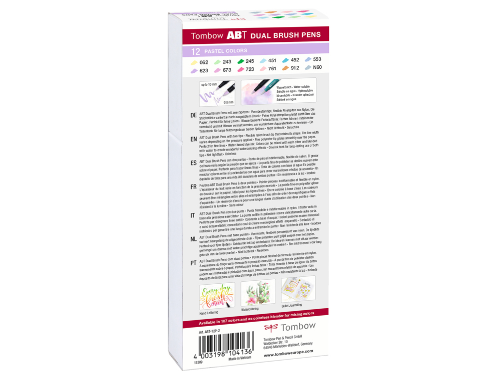 ROTULADOR TOMBOW ABT DUAL BRUSH ACUARELABLE DOBLE PUNTA FINA/PINCEL ESTUCHE DE 12 UNIDADES COLORES PASTEL