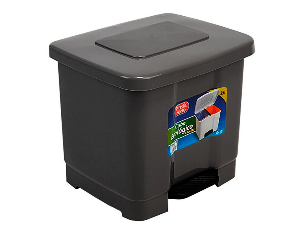 PAPELERA CONTENEDOR PLASTICFORTE PLASTICO CON PEDAL 2 COMPARTIMENTOS 35 LITROS GRIS OSCURO