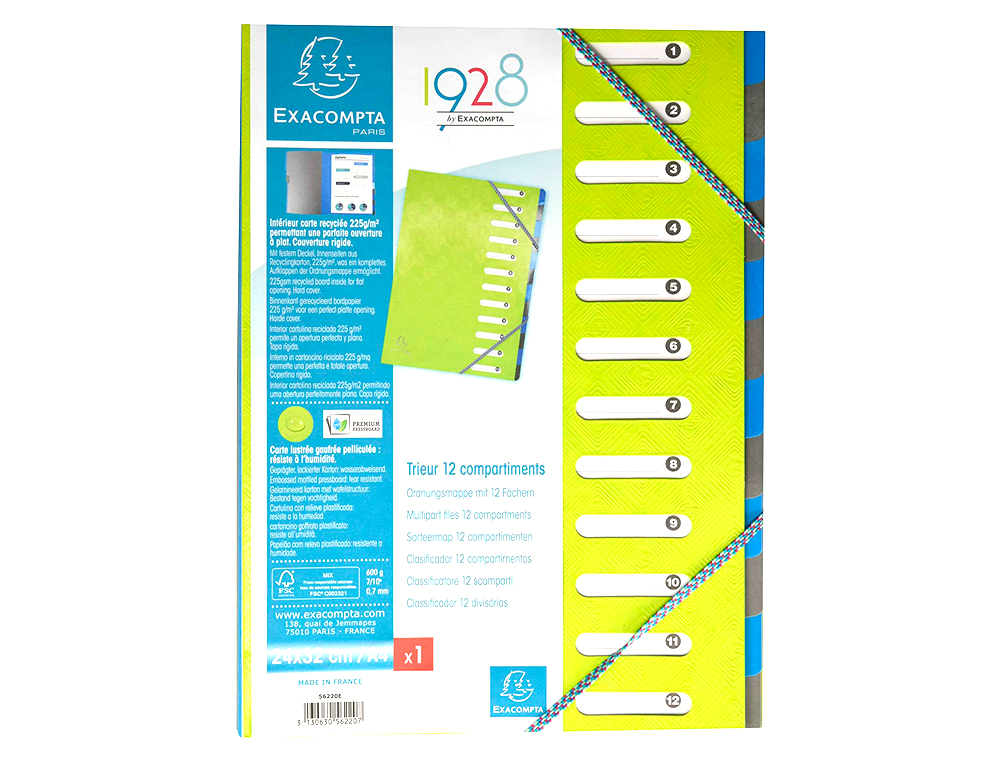 CARPETA EXACOMPTA HARMONIKA CLASIFICADORA FUELLE 12 DEPARTAMENTOS CON GOMAS CARTON COMPACTO COLORES