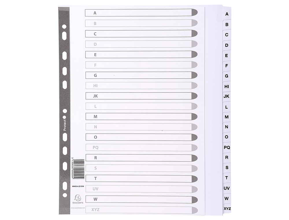 SEPARADOR EXACOMPTA CARTULINA BLANCA A-Z JUEGO DE 20 SEPARADORES DIN A4 11 TALADROS