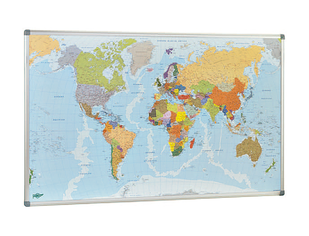 MAPA MURAL FAIBO PLANISFERO POLITICO MAGNETICO MARCO DE ALUMINIO CON CANTONERAS DE PROTECCION 84X140 CM