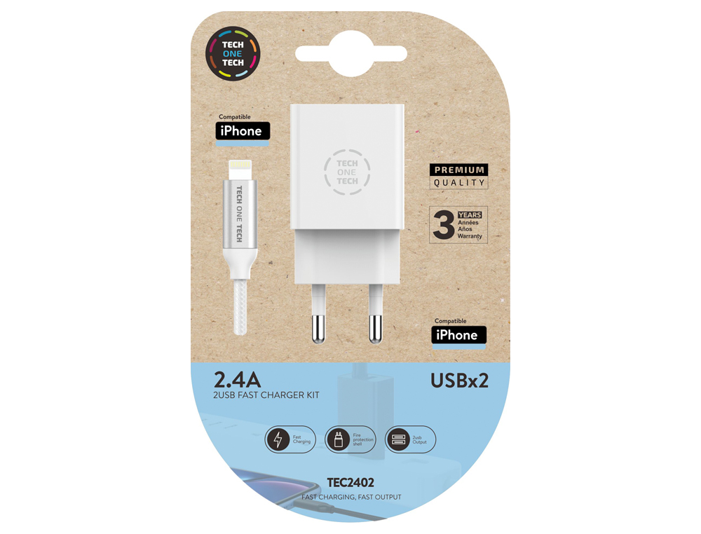 CARGADOR DOBLE BLANCO+CABLE BRAIDED NYLON LIGHTNING (PARA APPLE), ALTO RENDIMIENTO2,4ª
