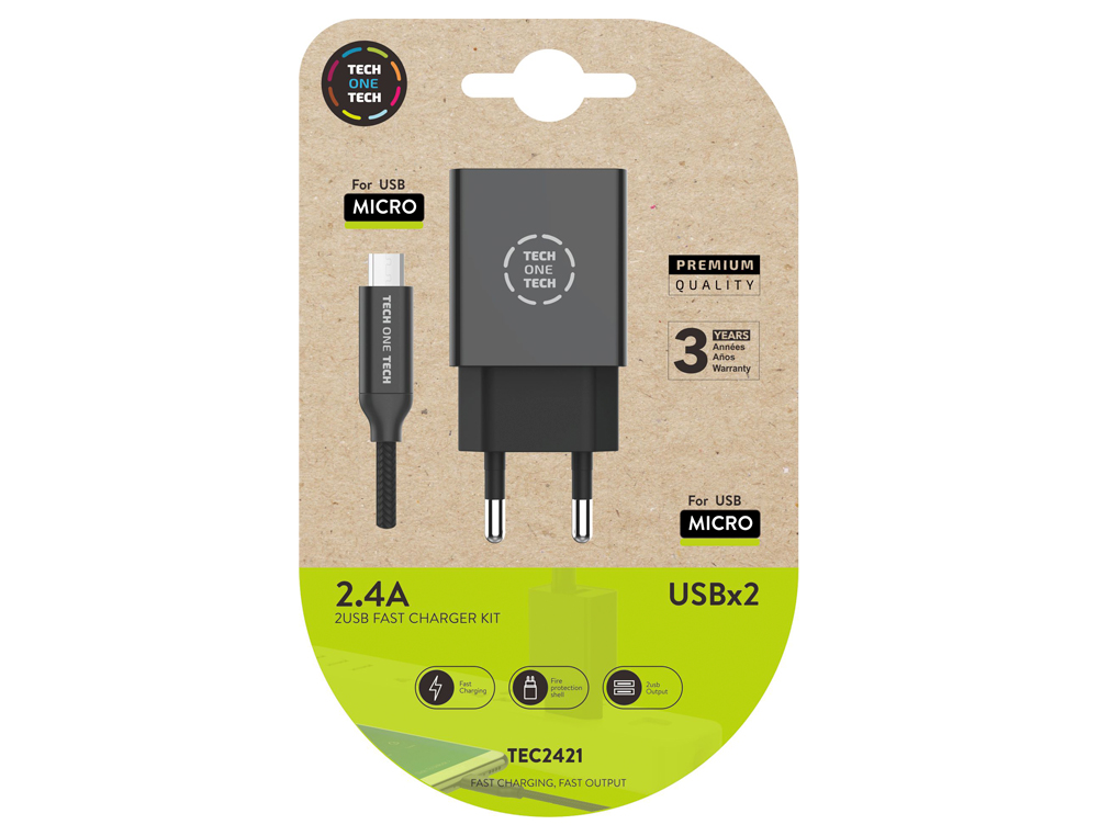 CARGADOR TECH ONE TECH 2.4 DOBLE USB + CABLE BRAIDED NYLON MICRO USB ANDROID LONGITUD 1 MT COLOR NEGRO