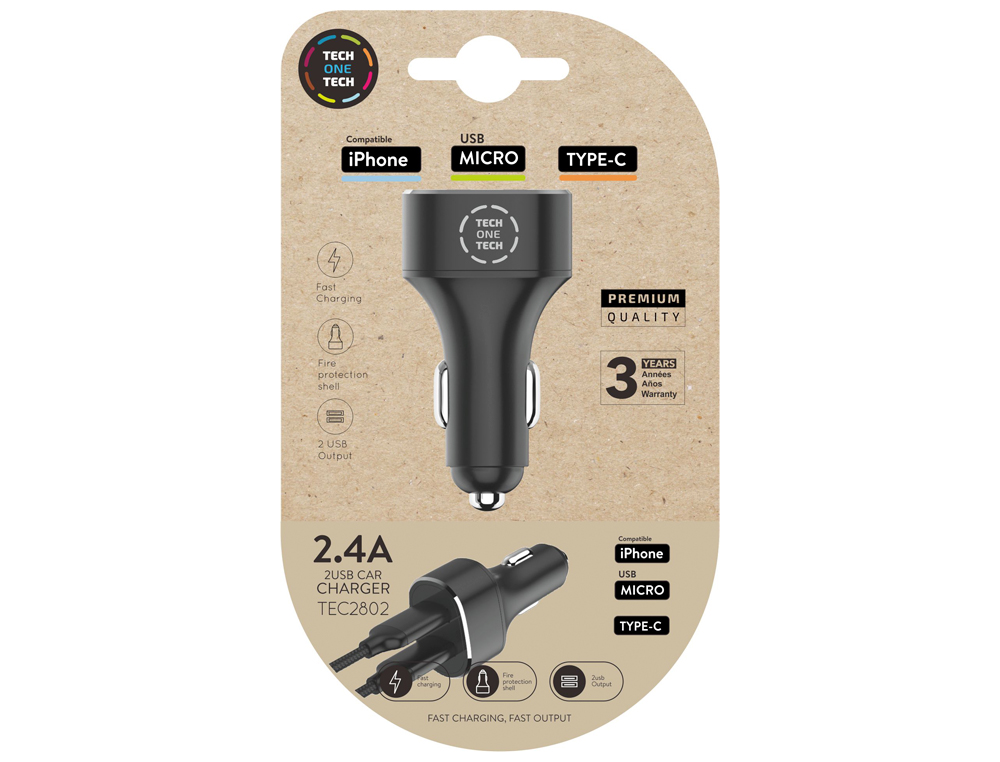 CARGADOR TECH ONE TECH 2.4 COCHE MECHERO DOBLE PARA IPHONE / USB MICRO / TYPE-C COLOR NEGRO