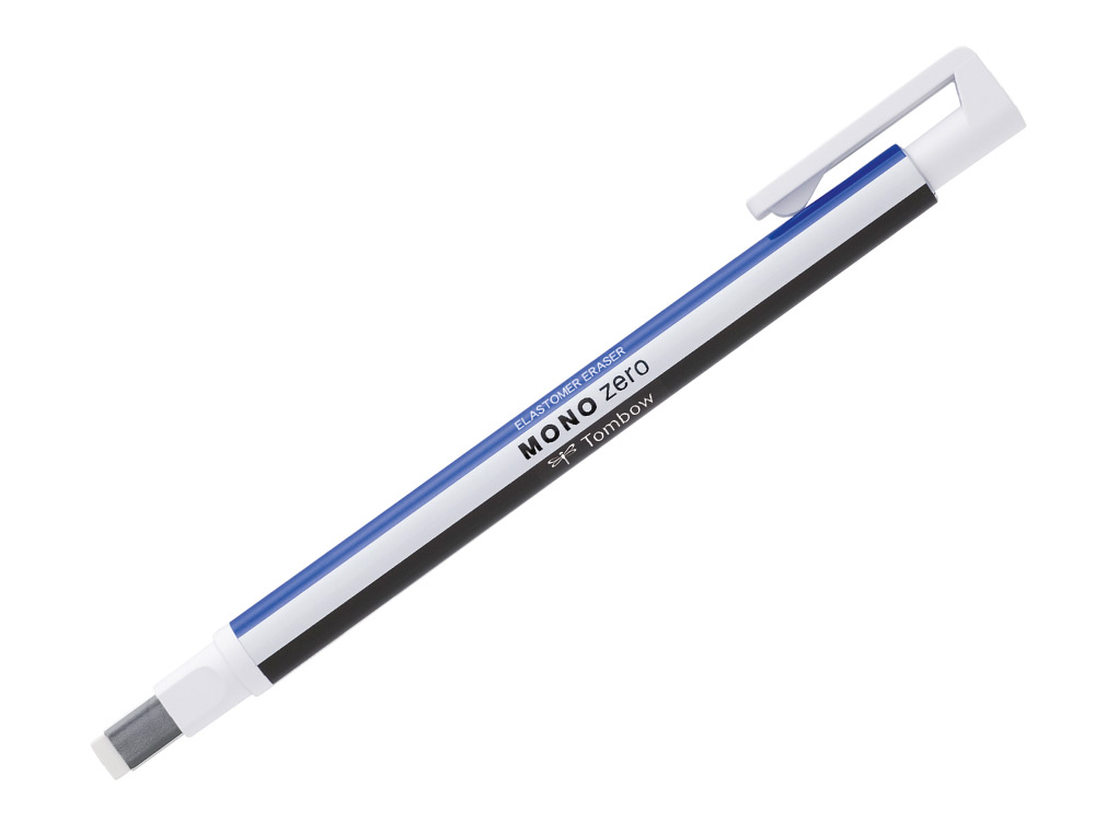 PORTAGOMAS TOMBOW MONO ZERO CON CLIP GOMA RECTANGULAR 2,5 X 5 MM COLOR BLANCO AZUL Y NEGRO