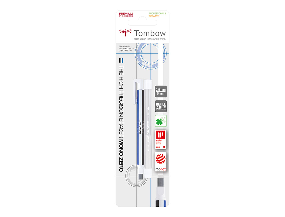 PORTAGOMAS TOMBOW MONO ZERO CON CLIP GOMA RECTANGULAR 2,5 X 5 MM COLOR BLANCO AZUL Y NEGRO