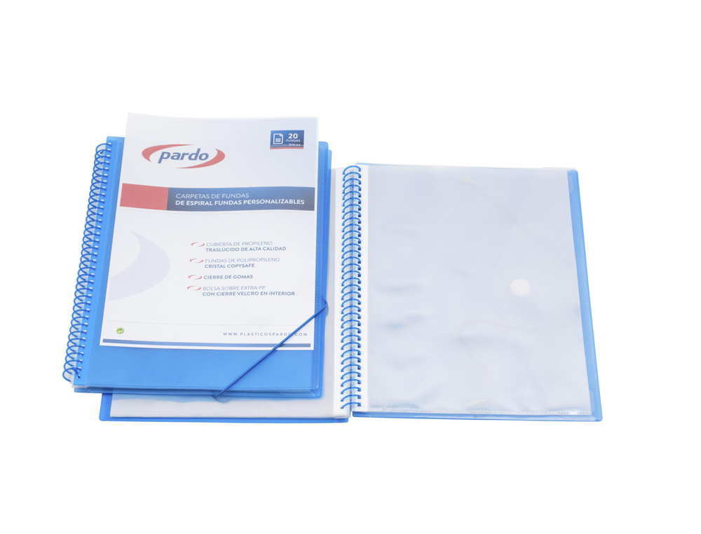 CARPETA PARDO ESCAPARATE CON ESPIRAL 20 FUNDAS POLIPROPILENO CON GOMAS PERSONALIZABLE COLOR AZUL