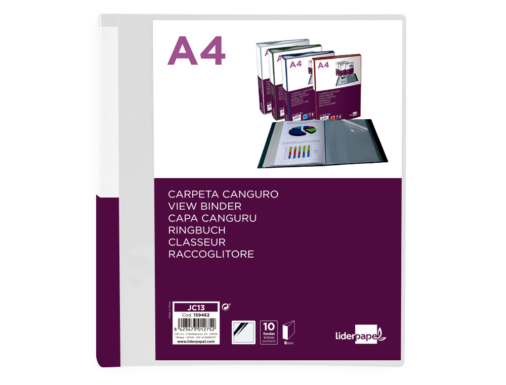 CARPETA LIDERPAPEL 10 FUNDAS CANGURO PP DIN A4 TRANSPARENTEPORTADA Y LOMO PERSONALIZABLE