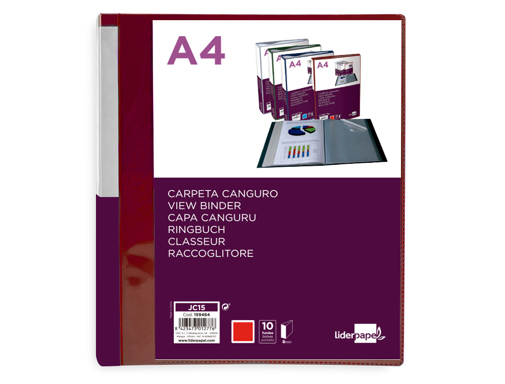 CARPETA LIDERPAPEL 10 FUNDAS CANGURO PP DIN A4 ROJO TRANSLUCIDO PORTADA Y LOMO PERSONALIZABLE
