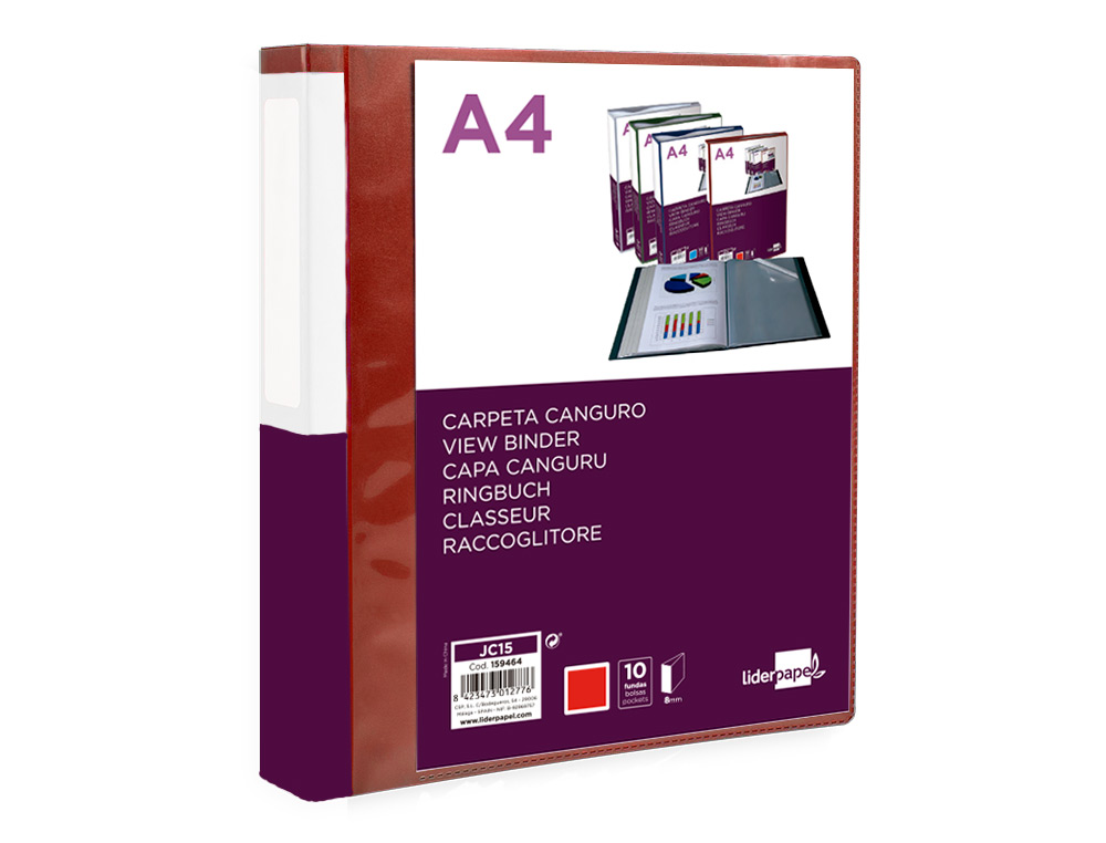CARPETA LIDERPAPEL 10 FUNDAS CANGURO PP DIN A4 ROJO TRANSLUCIDO PORTADA Y LOMO PERSONALIZABLE