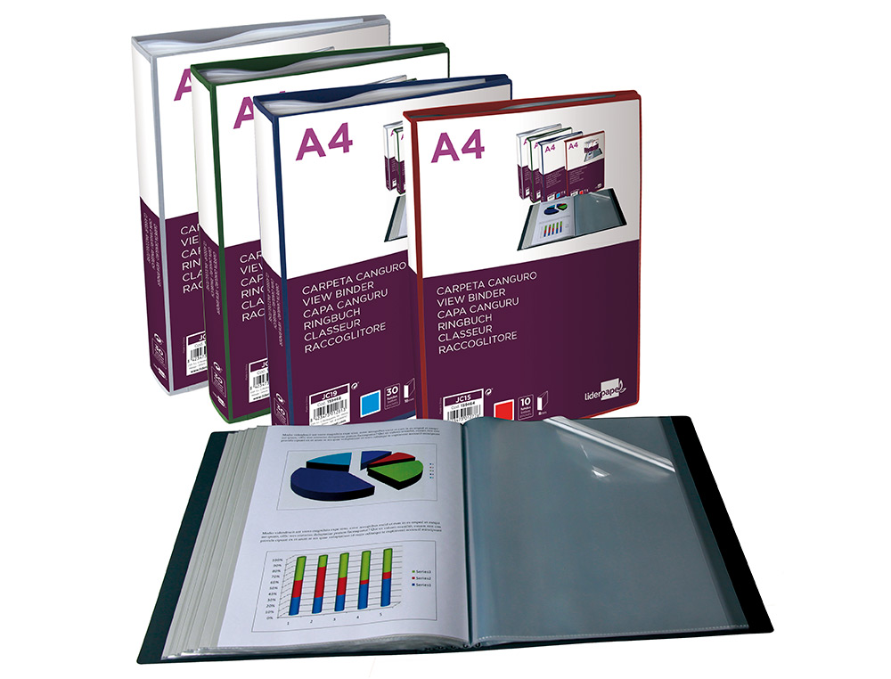 CARPETA LIDERPAPEL 10 FUNDAS CANGURO PP DIN A4 ROJO TRANSLUCIDO PORTADA Y LOMO PERSONALIZABLE