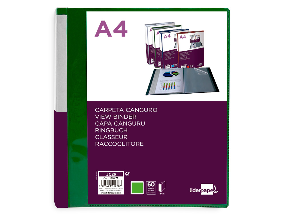 CARPETA LIDERPAPEL 60 FUNDAS CANGURO PP DIN A4 VERDE TRANSLUCIDO PORTADA Y LOMO PERSONALIZABLE