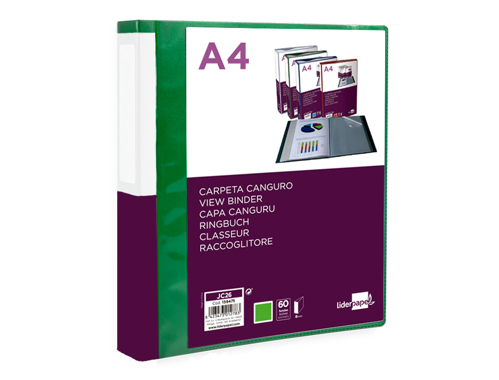 CARPETA LIDERPAPEL 60 FUNDAS CANGURO PP DIN A4 VERDE TRANSLUCIDO PORTADA Y LOMO PERSONALIZABLE