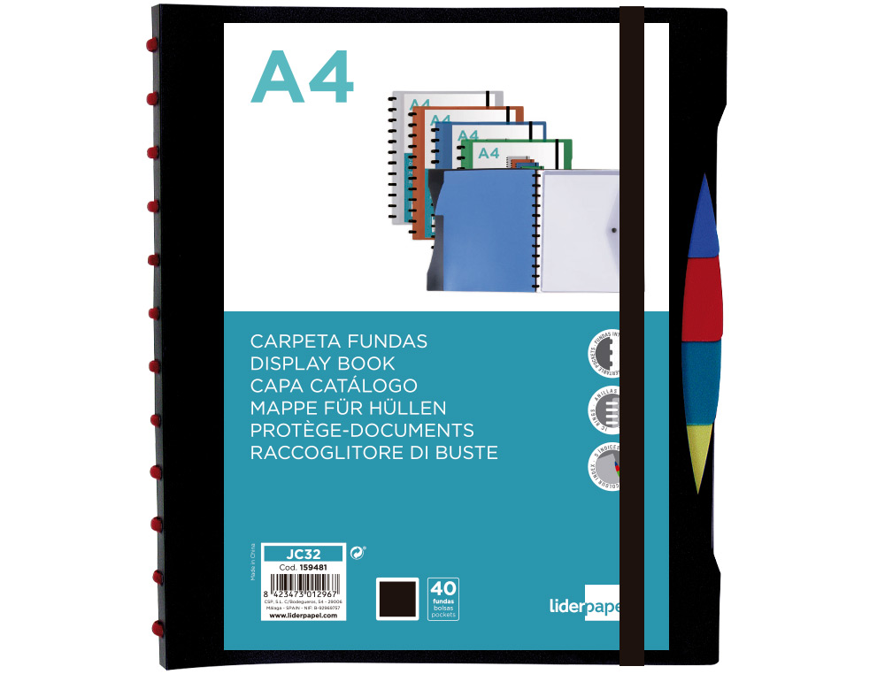 CARPETA LIDERPAPEL A4 CON 40 FUNDAS INTERCAMBIABLES 5 SEP SOBRE Y GOMILLA PORTADA Y LOMO PERSONALIZABLE NEGRO