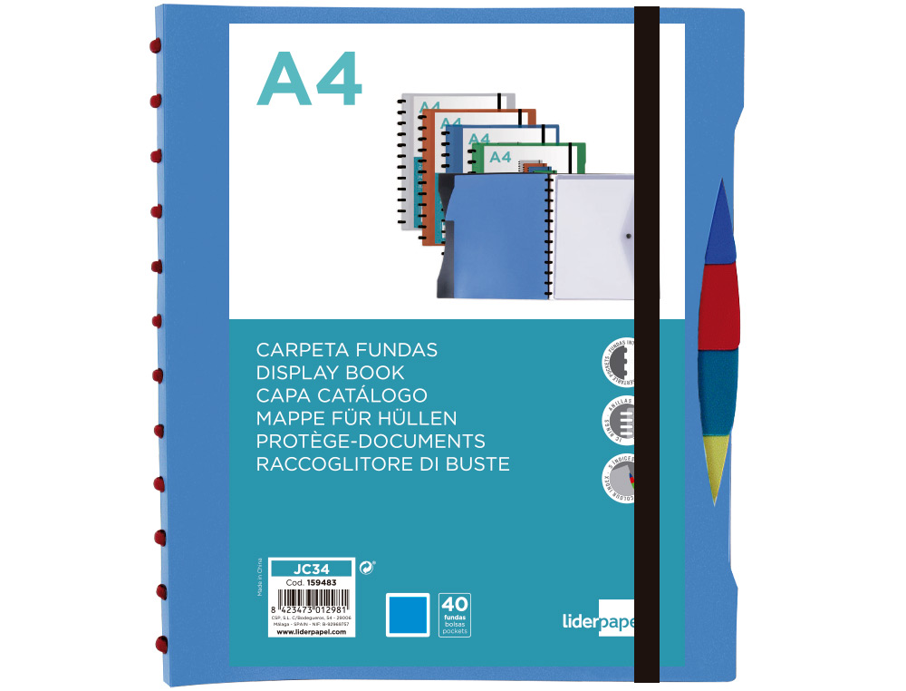 CARPETA LIDERPAPEL A4 CON 40 FUNDAS INTERCAMBIABLES 5 SEP SOBRE Y GOMILLA PORTADA Y LOMO PERSONALIZABLE AZUL