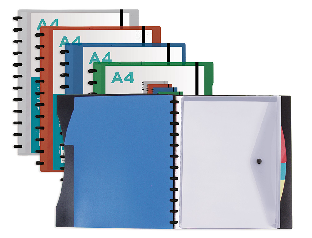 CARPETA LIDERPAPEL A4 CON 40 FUNDAS INTERCAMBIABLES 5 SEP SOBRE Y GOMILLA PORTADA Y LOMO PERSONALIZABLE AZUL
