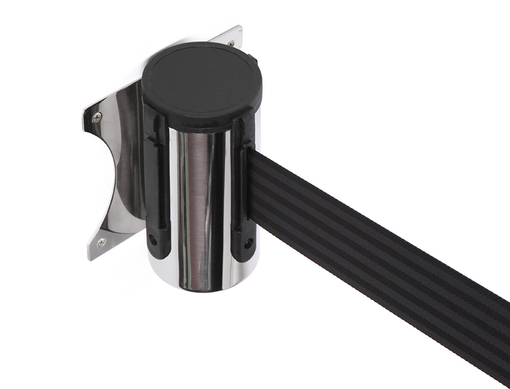 CINTA EXTENSIBLE DE PARED SEPARADORA RETRACTIL DE 2 MT CLIPS A AMBOS LADOS Y CLIP DE RECEPCION COLOR NEGRO