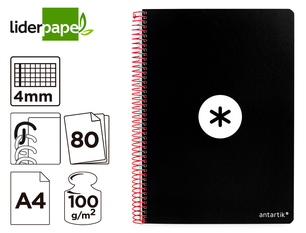 CUADERNO ESPIRAL A4 ANTARTIK TAPA DURA 80H 90GR CUADRO 4MM CON MARGEN COLOR NEGRO