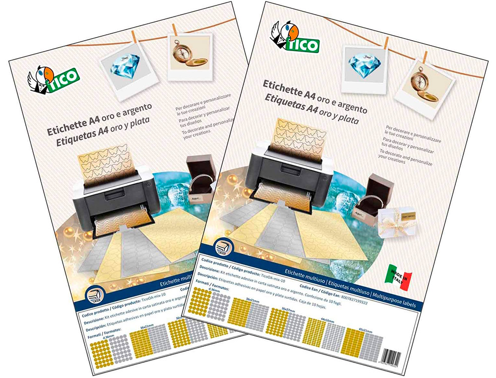 ETIQUETA ADHESIVA TICO PAPEL SATINADO ORO / PLATA LASER MEDIDAS SURTIDAS CAJA DE 626 UNIDADES