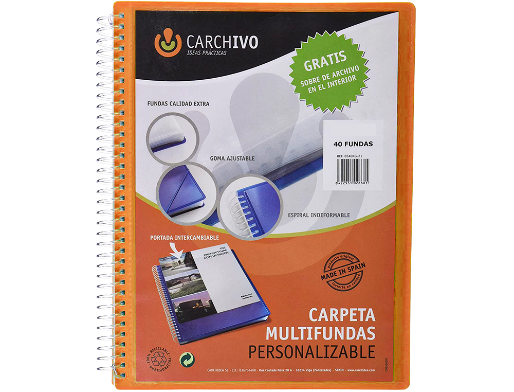 CARPETA CARCHIVO ARCHIVEX POLIPROPILENO CANGURO NARANJA ESCAPARATE CON ESPIRAL 40 FUNDAS CIERRE GOMAS DIN A4