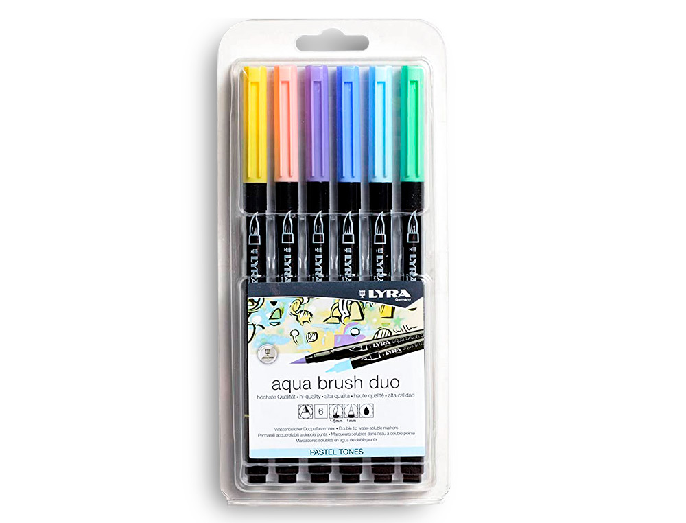 ROTULADOR LYRA AQUA BRUSH ACUARELABLE DOBLE PUNTA Y PINCEL TONOS PASTEL BLISTER DE 6 UNIDADES SURTIDAS