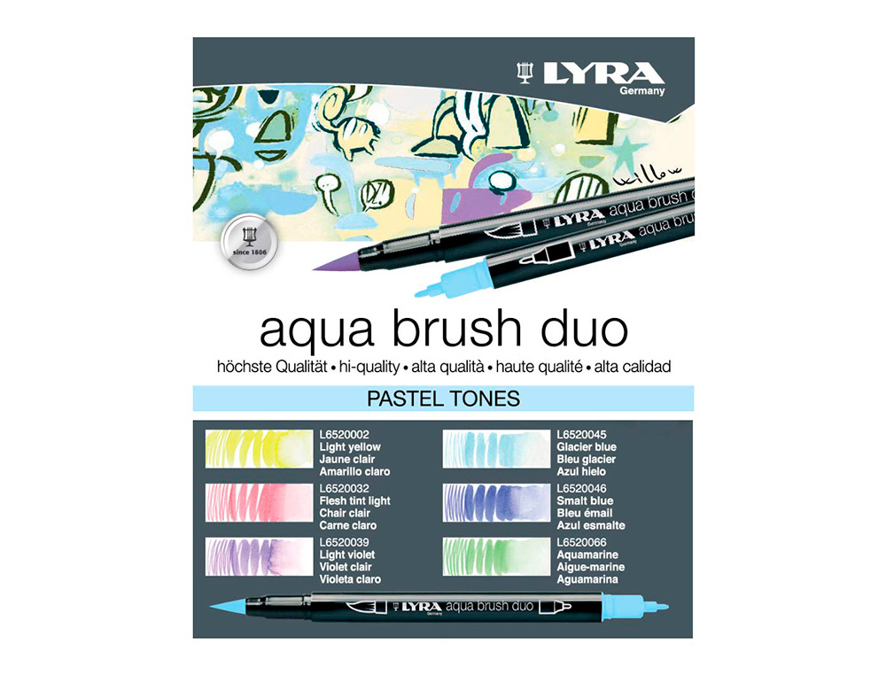 ROTULADOR LYRA AQUA BRUSH ACUARELABLE DOBLE PUNTA Y PINCEL TONOS PASTEL BLISTER DE 6 UNIDADES SURTIDAS