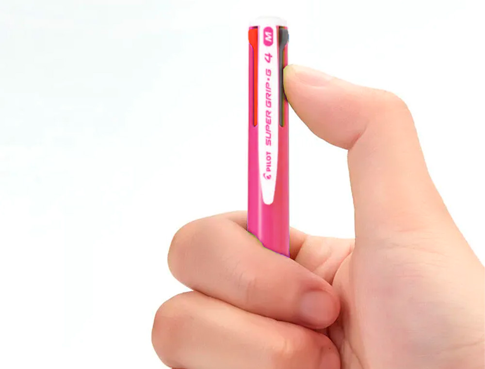 BOLIGRAFO PILOT SUPER GRIP G 4 COLORES RETRACTIL SUJECION DE CAUCHO TINTA BASE DE ACEITE CUERPO COLOR ROSA