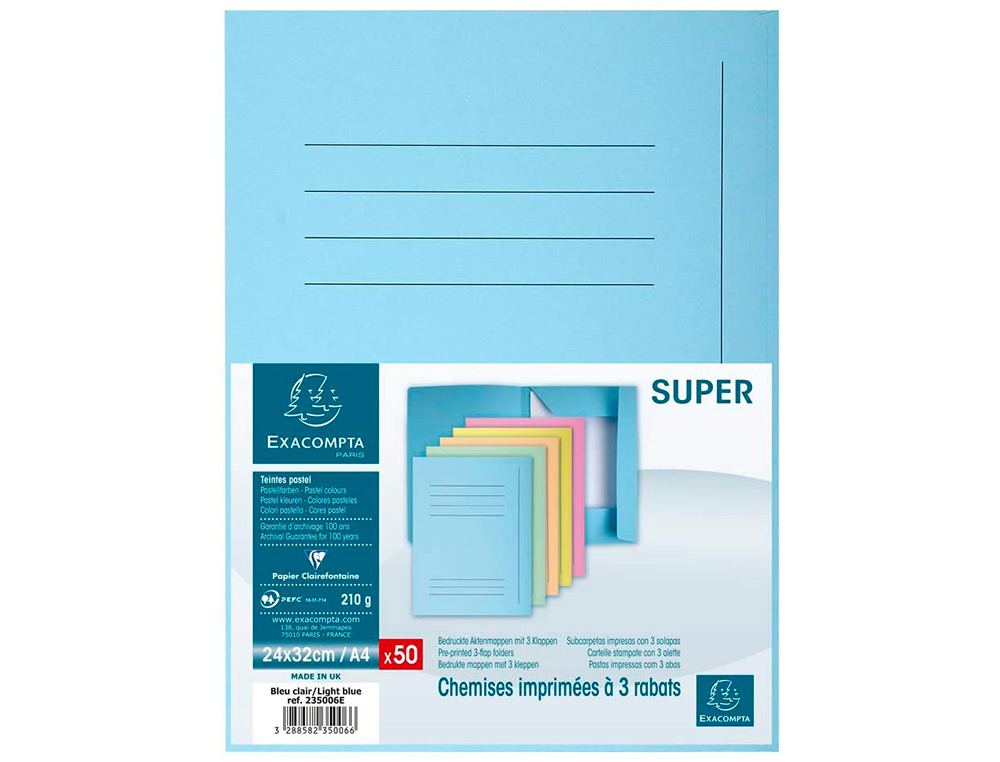 SUBCARPETA CARTULINA CON 3 SOLAPAS EXACOMPTA DIN A4 IMPRESA AZUL CLARO 210 GR