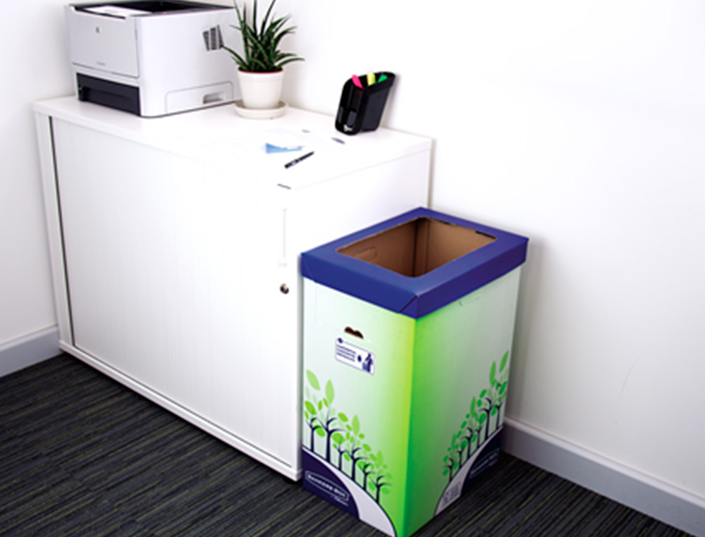 CONTENEDOR PAPELERA RECICLAJE FELLOWES CARTON DOBLE 100% RECICLADO MONTAJE MANUAL ENTRADA SUPERIOR 69 LITROS