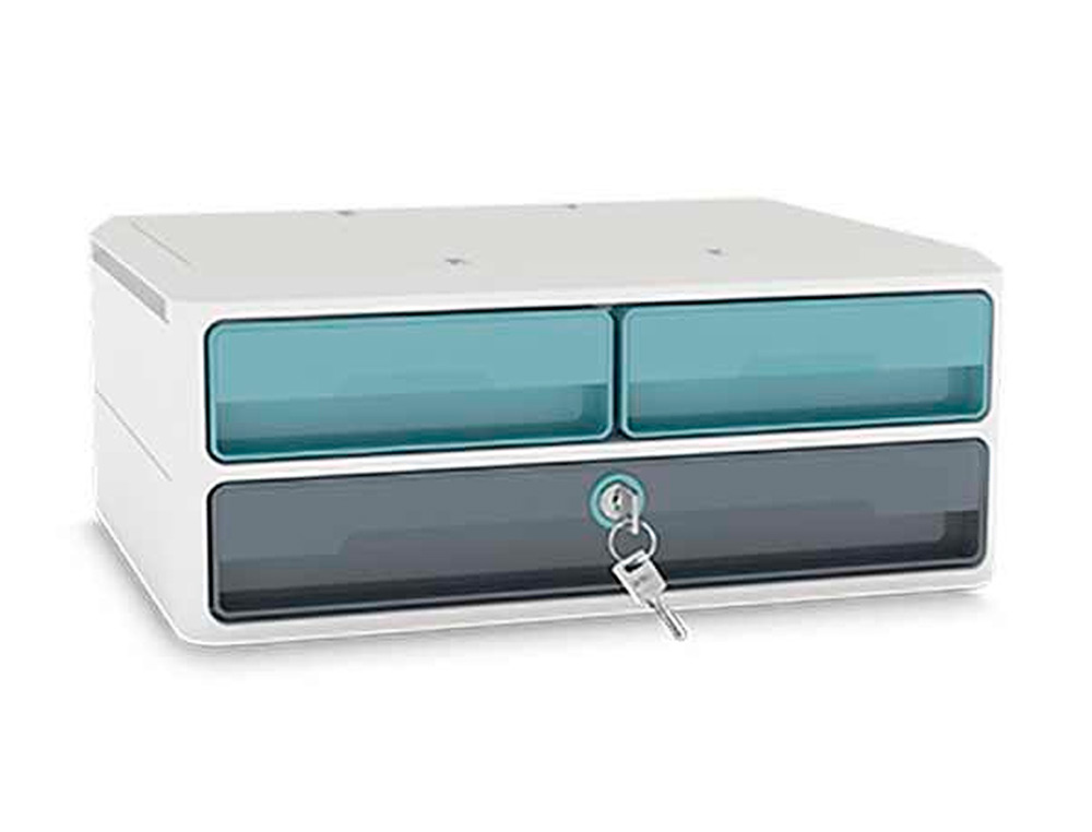 FICHERO CAJONES DE SOBREMESA CEP MOOV UP RECICLADO 80% CON CERRADURA 3 CAJONES COLOR AZUL/GRIS 275X369X146 MM