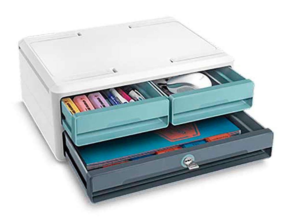 FICHERO CAJONES DE SOBREMESA CEP MOOV UP RECICLADO 80% CON CERRADURA 3 CAJONES COLOR AZUL/GRIS 275X369X146 MM