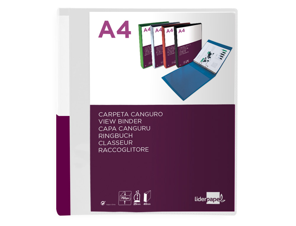 CARPETA LIDERPAPEL CANGURO 2 ANILLAS 25 MM MIXTAS POLIPROPILENO DIN A4 TRANSPARENTE