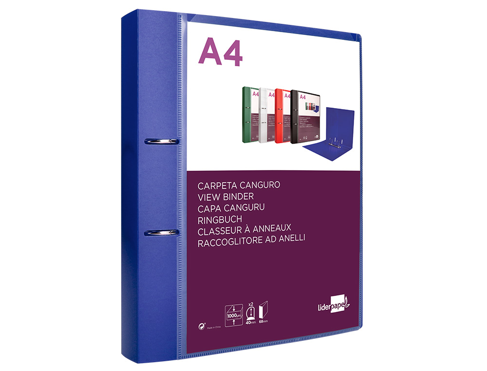 CARPETA LIDERPAPEL CANGURO 2 ANILLAS 40 MM MIXTAS POLIPROPILENO DIN A4 AZUL TRANSLICUDO