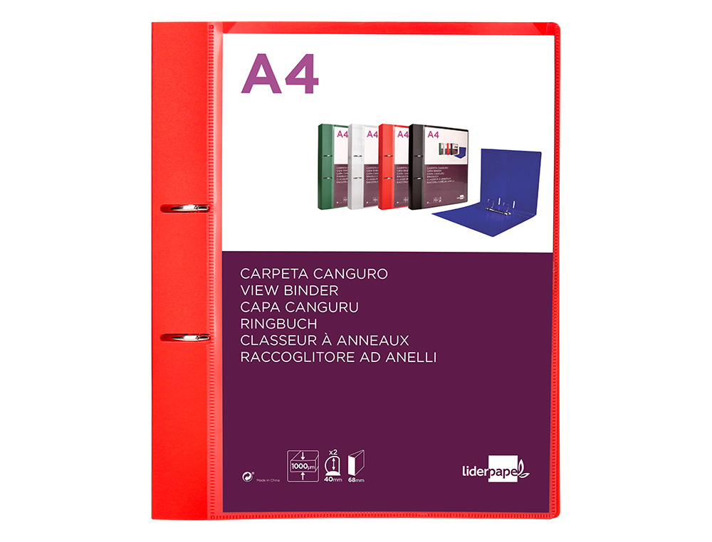 CARPETA LIDERPAPEL CANGURO 2 ANILLAS 40 MM MIXTAS POLIPROPILENO DIN A4 ROJO TRANSLICUDO