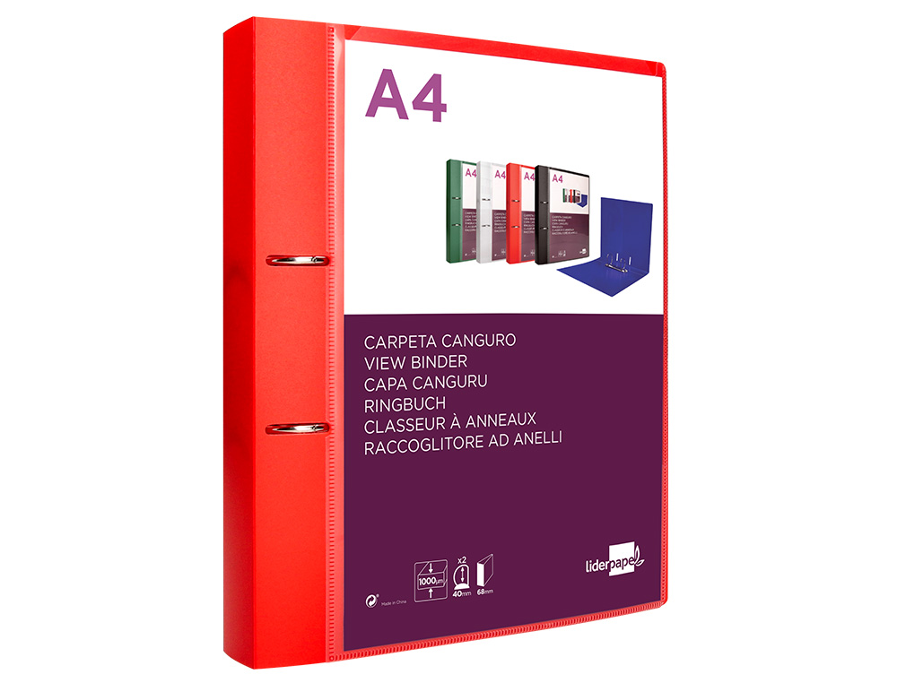 CARPETA LIDERPAPEL CANGURO 2 ANILLAS 40 MM MIXTAS POLIPROPILENO DIN A4 ROJO TRANSLICUDO