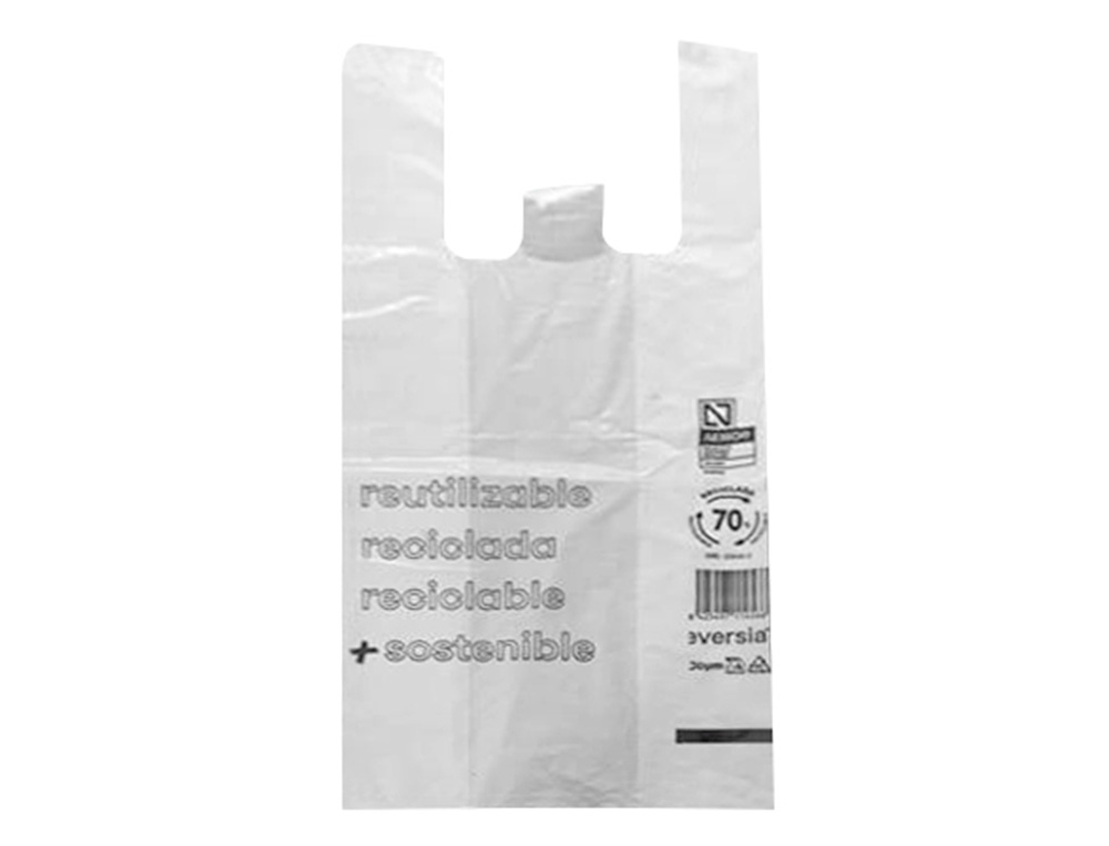 BOLSA CAMISETA RECICLADA 70% BLANCA 50 MC 30X40 CM APTA LEGISLACION DE BOLSAS 2021