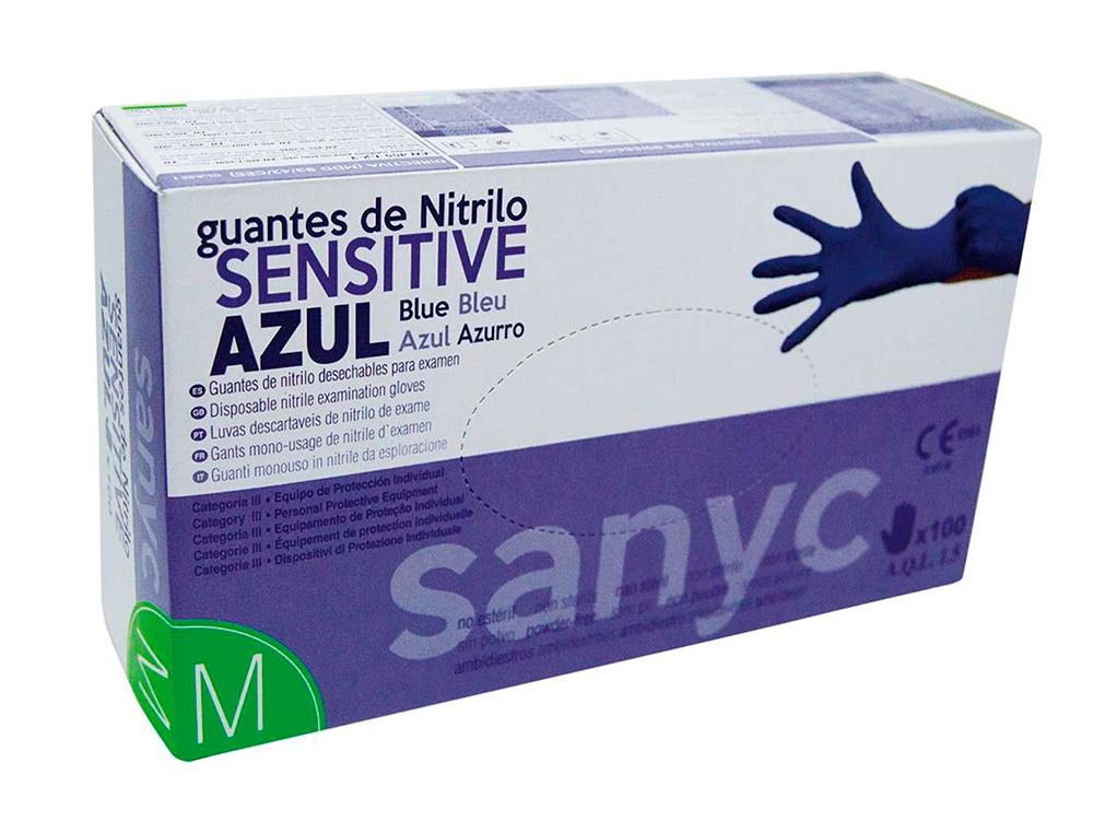 GUANTES DE NITRILO DESECHABLE SENSITIVE SIN POLVO TALLA M MEDIANA COLOR AZUL CAJA DE 100 UNIDADES