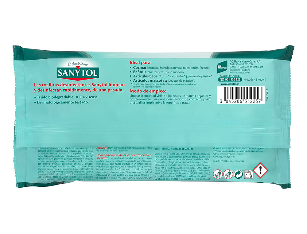 TOALLITA DESINFECTANTE SANYTOL BIODEGRADABLE PAQUETE DE 30 UNIDADES