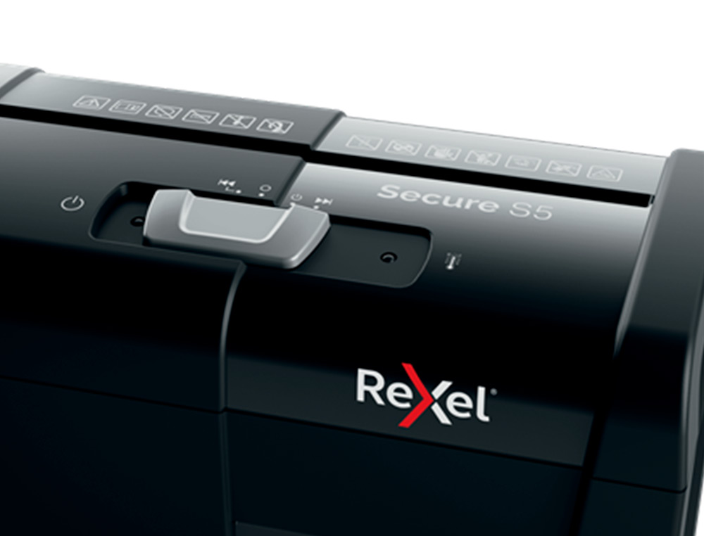 DESTRUCTORA DE DOCUMENTOS REXEL SECURE S5 EU CAPACIDAD 5 HOJAS GRAPAS CLIPS TARJETAS Y CD PAPELERA 10 L