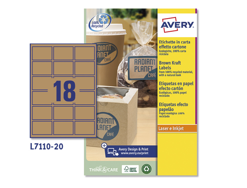 ETIQUETA ADHESIVA AVERY KRAFT EFECTO CARTON RECTANGULAR 62X42 MM REMOVIBLE PARA LASER INK-JET CAJA DE 160 UNIDADES