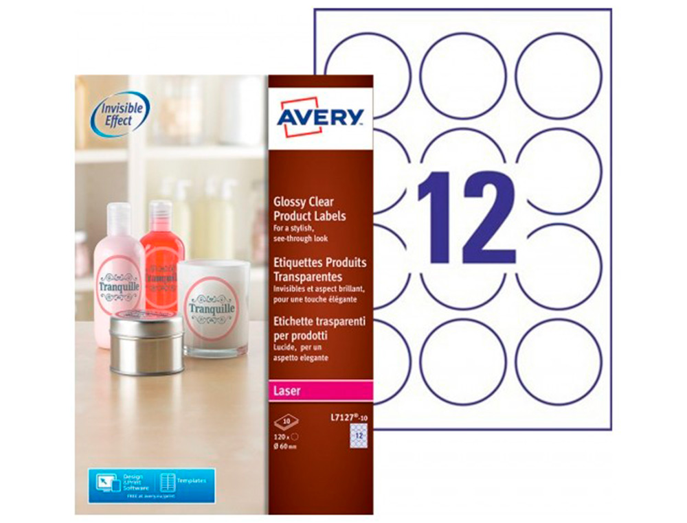 ETIQUETA ADHESIVA AVERY BRILLANTE INVISIBLE REDONDA LASER 60 MM CAJA DE 120 UNIDADES