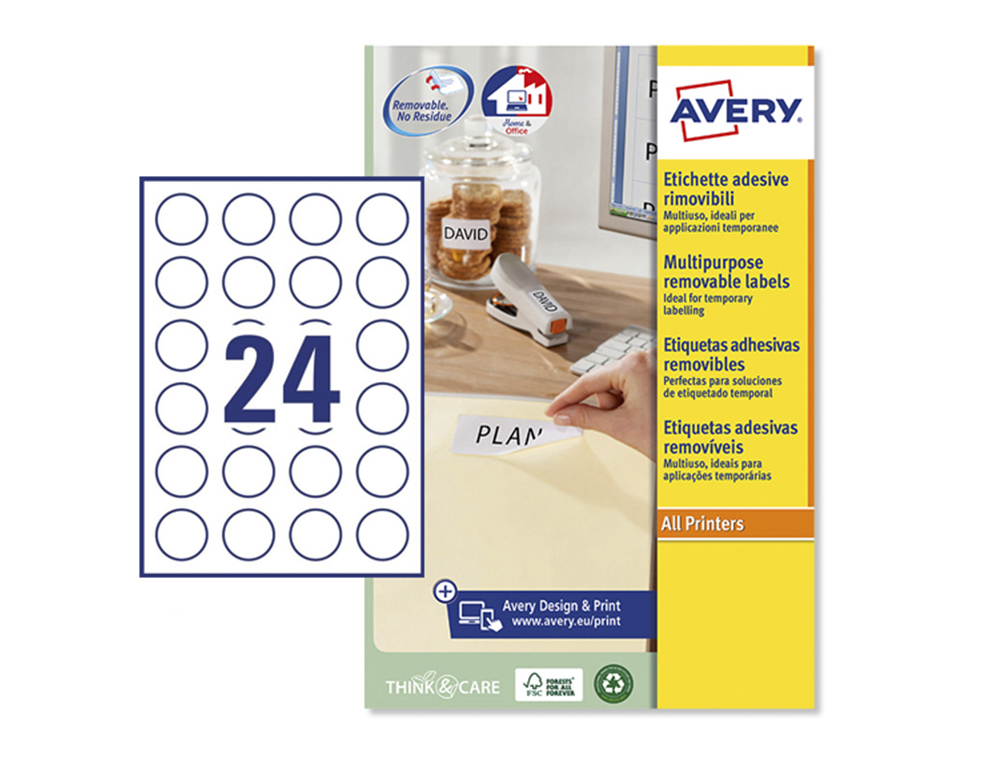 ETIQUETA ADHESIVA AVERY BLANCA REDONDA REMOVIBLE PARA LASER INK-JET FOTOCOPIADORA 37 MM CAJA DE 600 UNIDADES