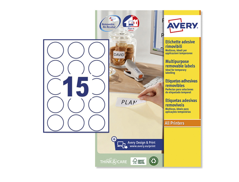 ETIQUETA ADHESIVA AVERY BLANCA REDONDA REMOVIBLE PARA LASER INK-JET FOTOCOPIADORA 51 MM CAJA DE 375 UNIDADES