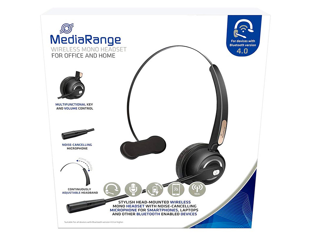 AURICULAR MEDIARANGE MONOAURAL DIADEMA INALAMBRICO BLUETOOTH CON MICROFONO